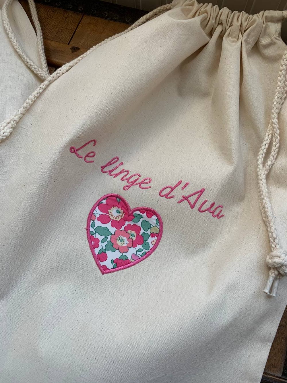 Pochon en coton écru à personnaliser avec le Liberty et le motif de votre choix